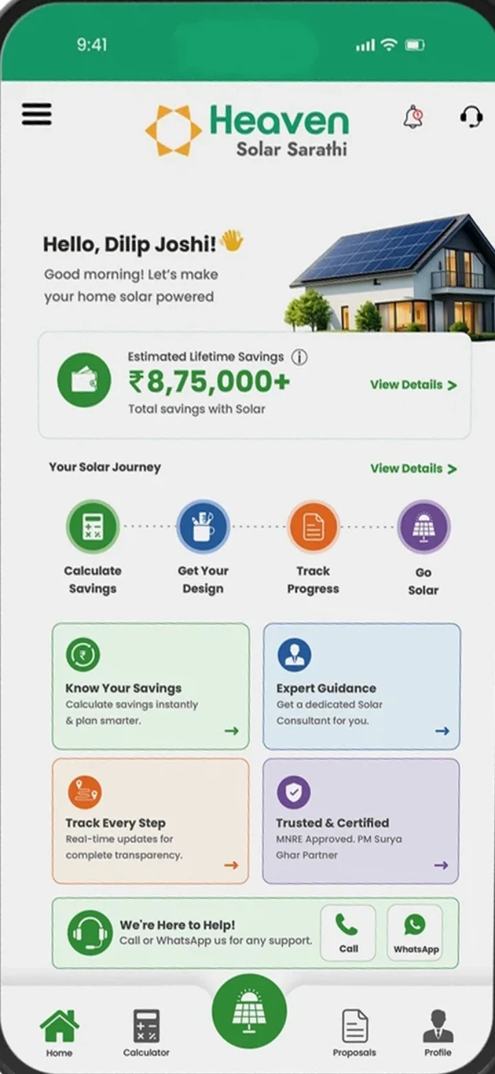 Heaven Solar Sarathi App home dashboard showing estimated lifetime savings and the solar journey steps