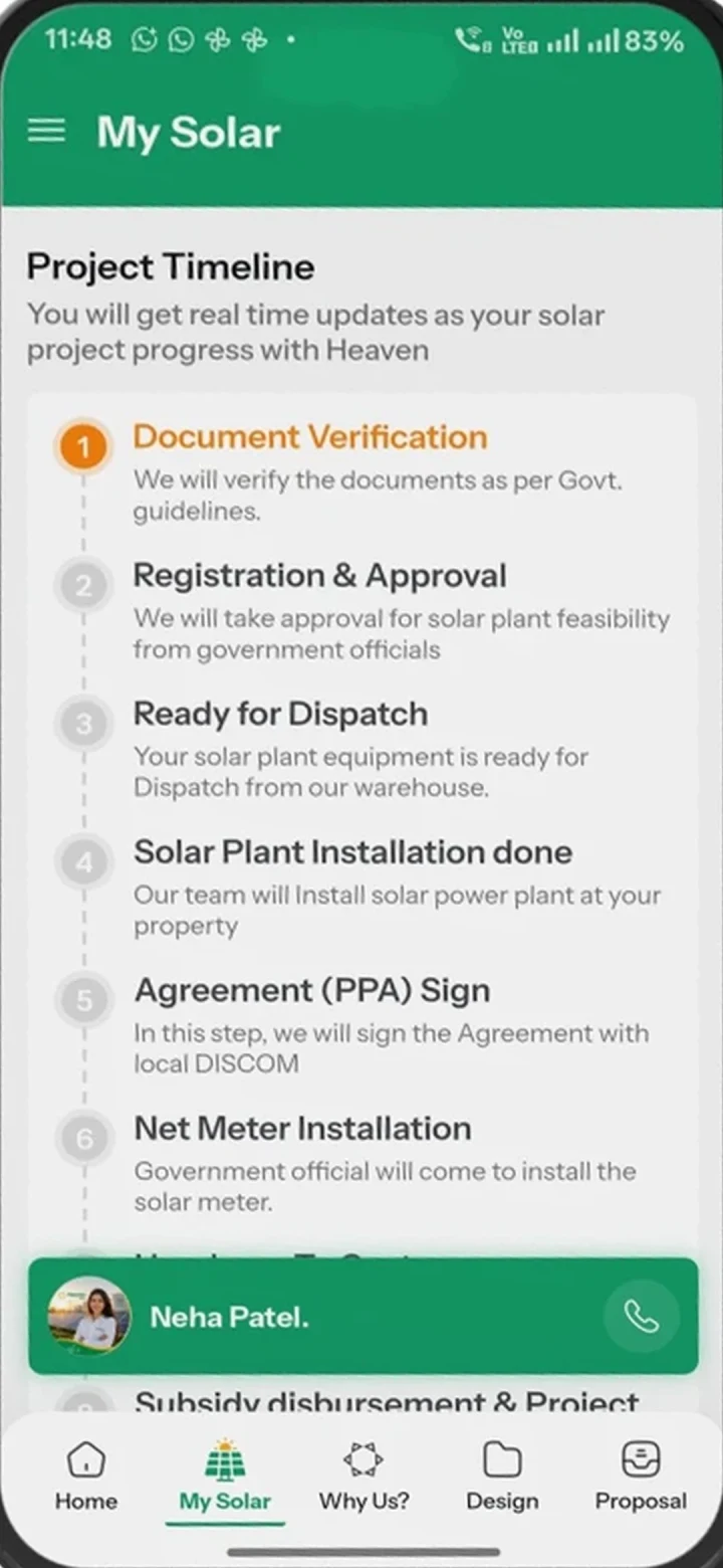 Heaven Solar Sarathi App project timeline tracking document verification, approval, dispatch, installation, PPA and net meter stages