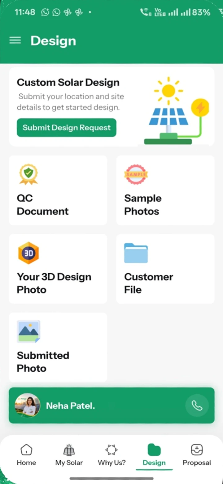 Heaven Solar Sarathi App design screen with QC documents, 3D design photos and customer files