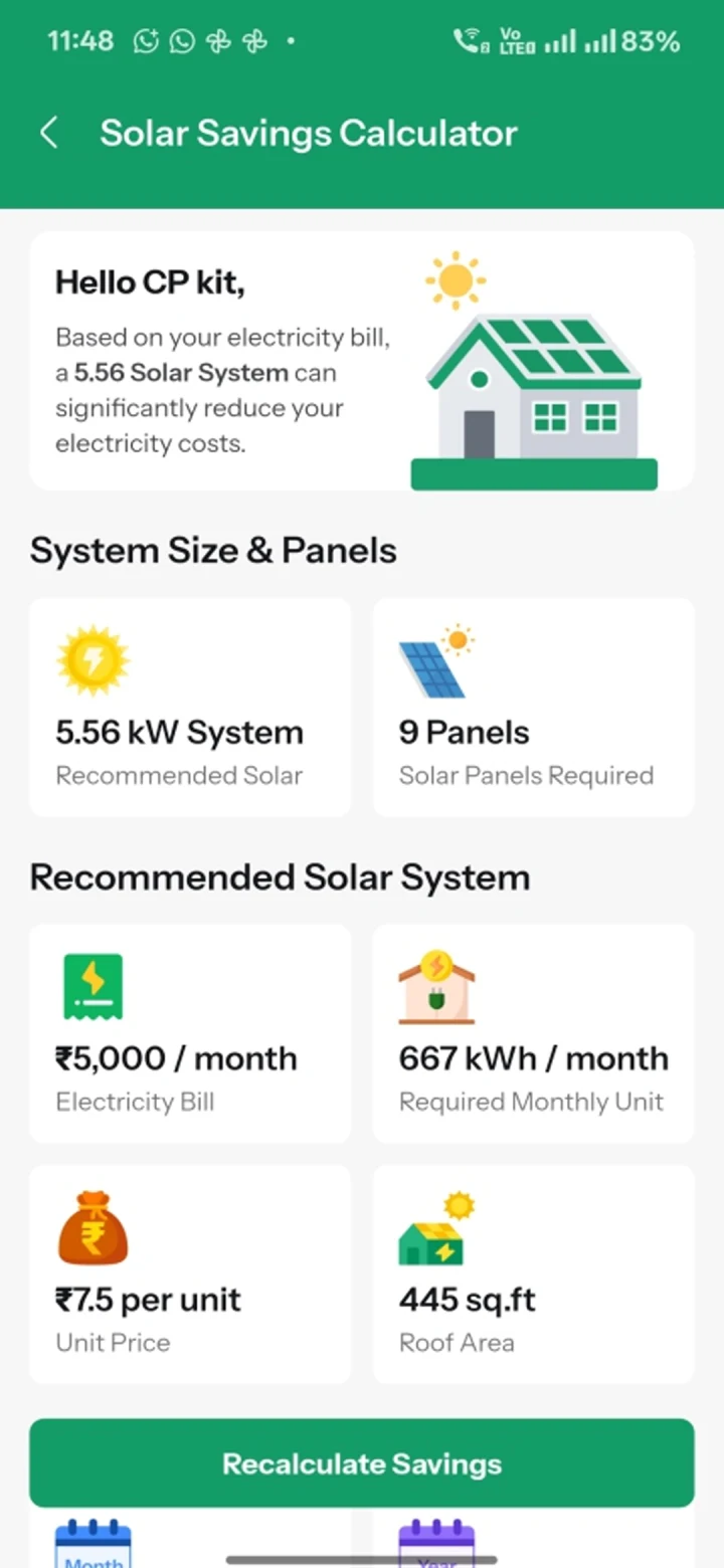 Heaven Solar Sarathi App solar savings calculator showing recommended system size, panels and roof area