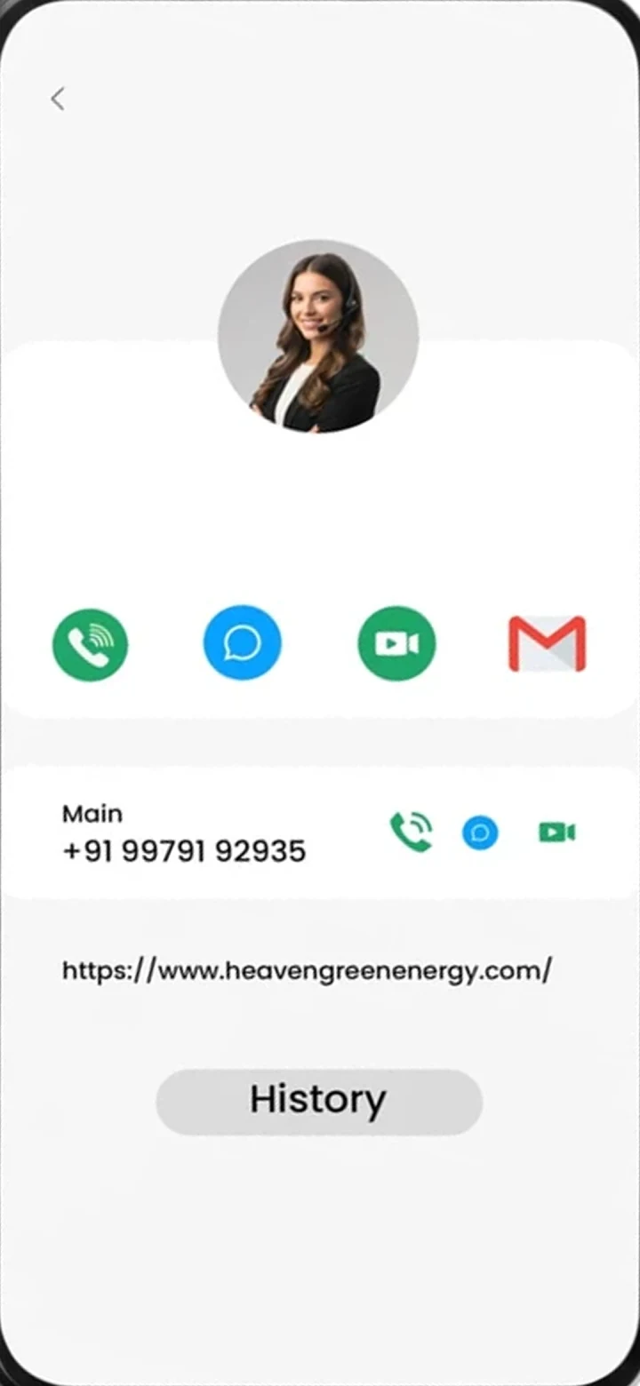 Heaven Solar Sarathi App advisor screen with call, chat, video and email options for your assigned Heaven Solar expert