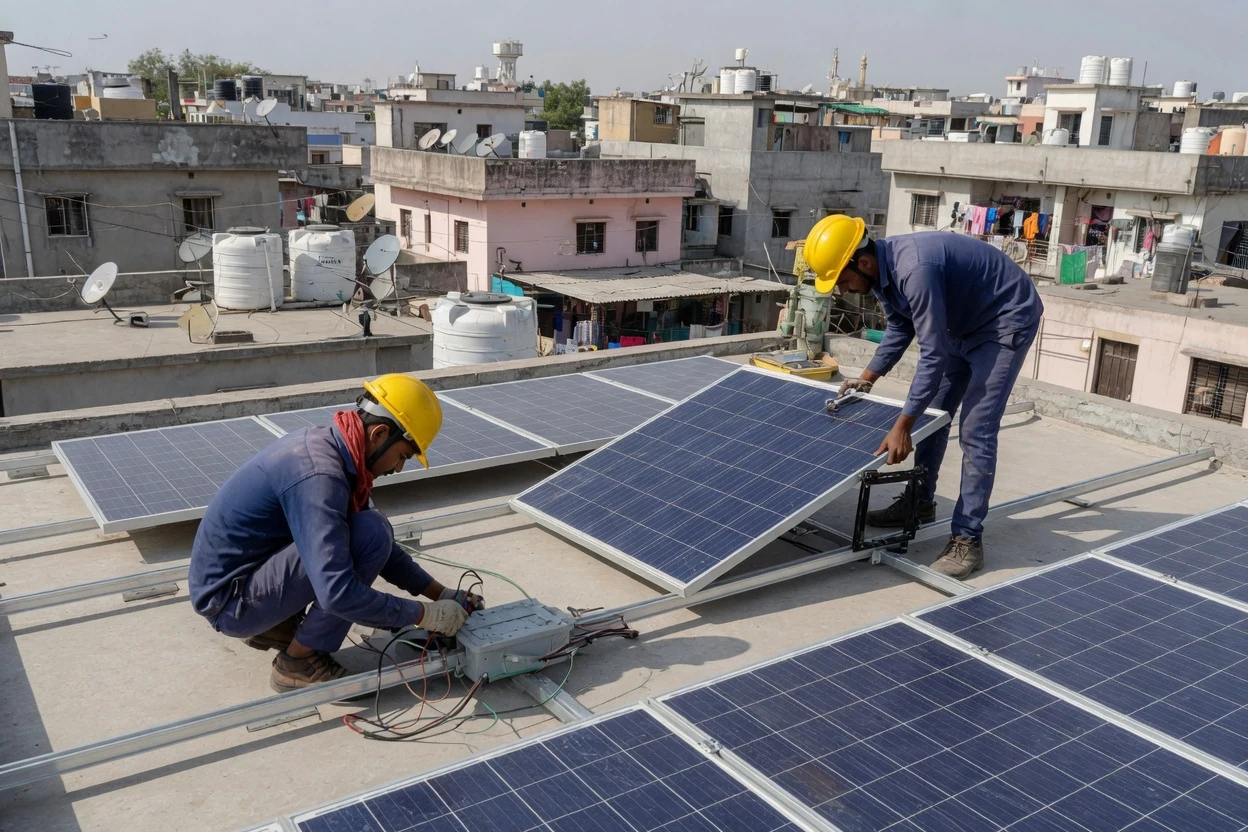 Installers mounting rooftop solar panels on an Indian residential rooftop