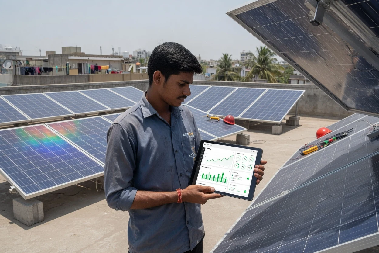 Solar technician checking AI-based remote monitoring dashboard on a tablet on a rooftop