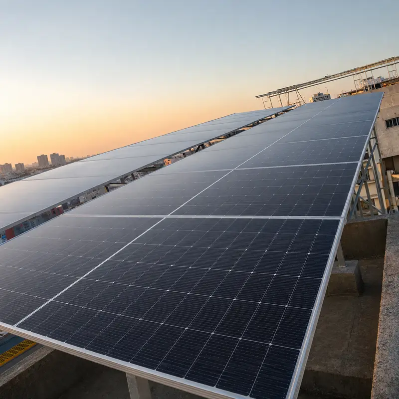 Long row of solar modules on a commercial building rooftop photographed at sunrise
