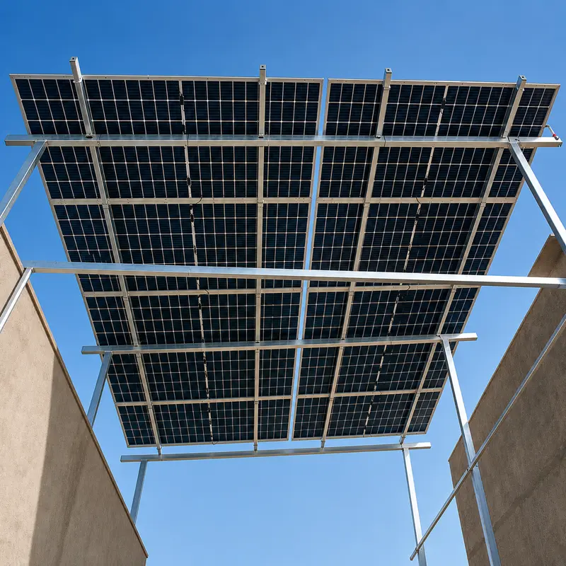 Solar array spanning the gap between two building blocks on a galvanized steel structure