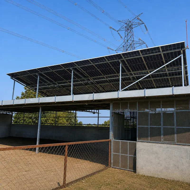 Tilted solar array elevated above a rural farm shed with a transmission tower in the background