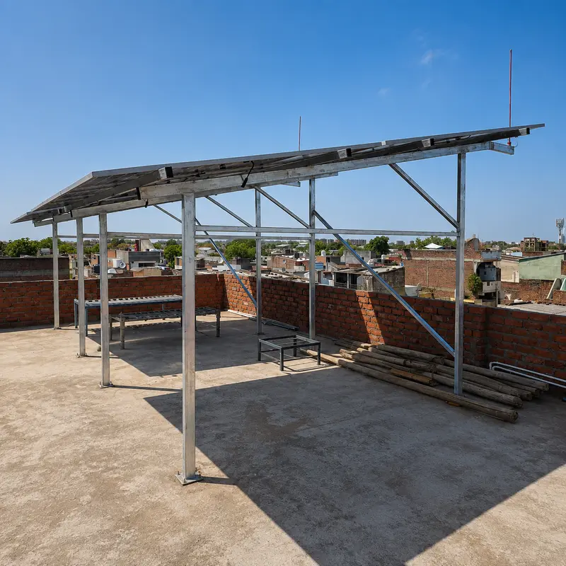 Bare hot-dip galvanized solar mounting structure erected on a rooftop before panels are fitted