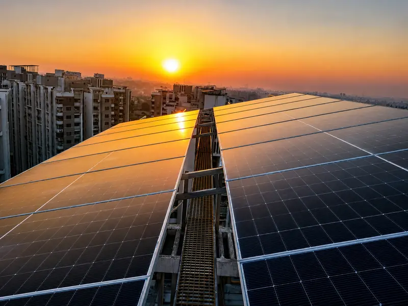 Solar panel rows on a high-rise residential rooftop at sunset with the city skyline behind