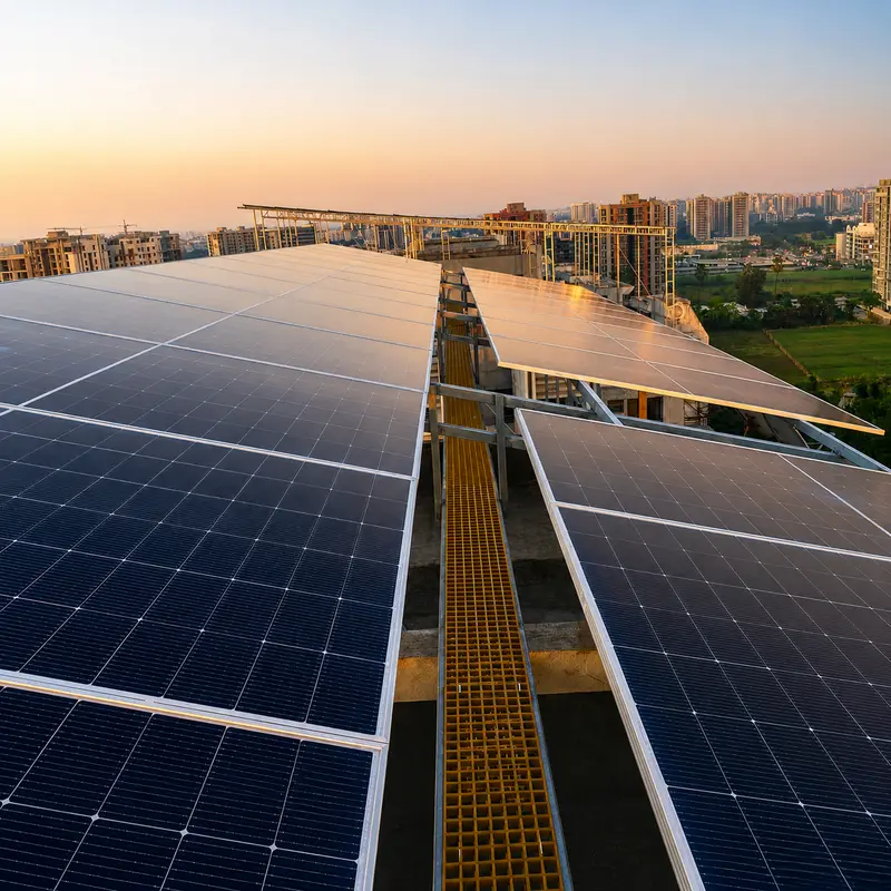 Two rows of rooftop solar panels separated by a yellow FRP maintenance walkway at dusk
