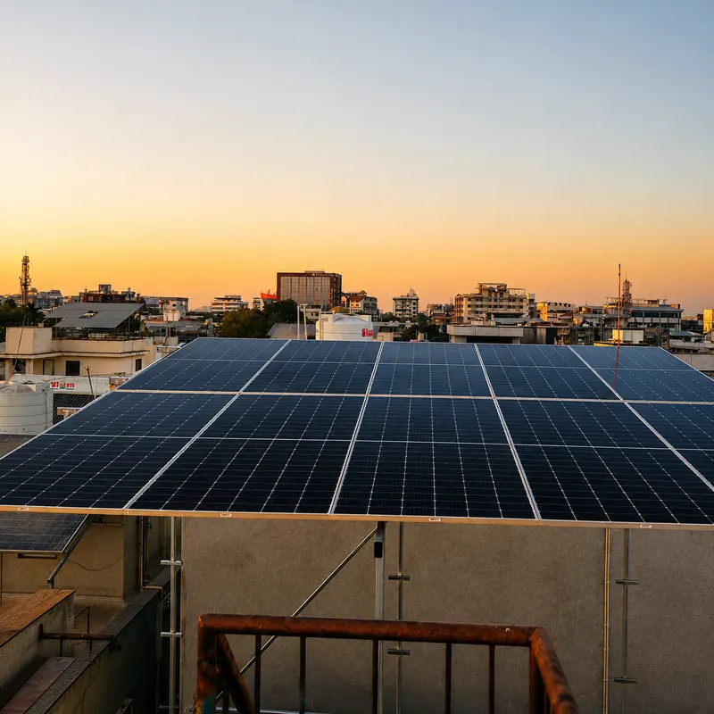 Tilted rooftop solar array on a residential building with an orange sunset skyline behind