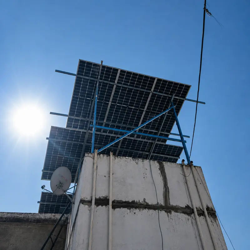 Solar array raised on a blue steel structure above a rooftop water tank with sun flare