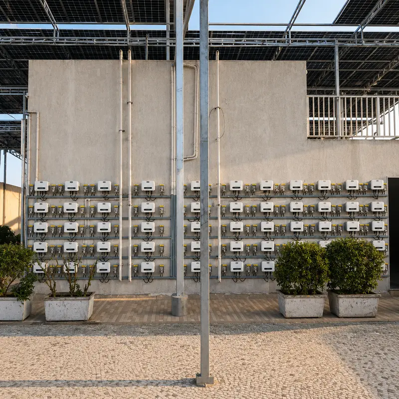 Wall of dozens of string inverters mounted in neat rows at a large solar installation